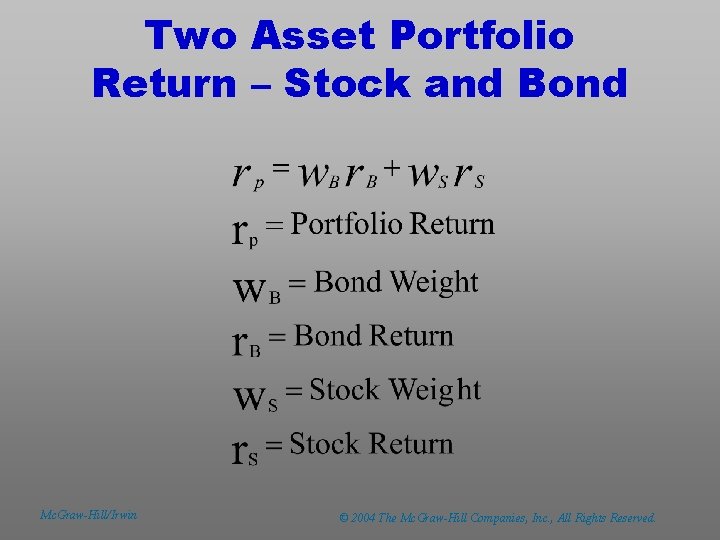 Two Asset Portfolio Return – Stock and Bond Mc. Graw-Hill/Irwin © 2004 The Mc.