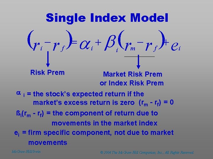 Single Index Model (r - r )= a + b (r - r )+