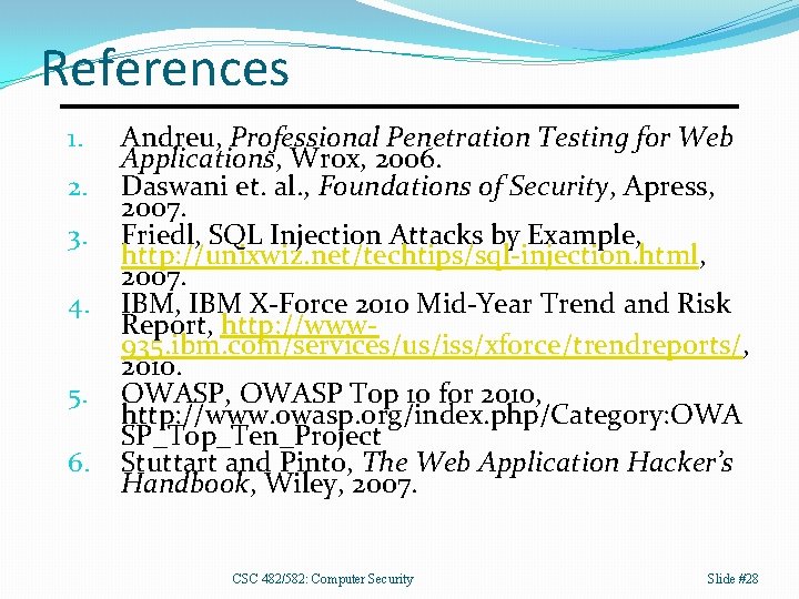 References 1. 2. 3. 4. 5. 6. Andreu, Professional Penetration Testing for Web Applications,