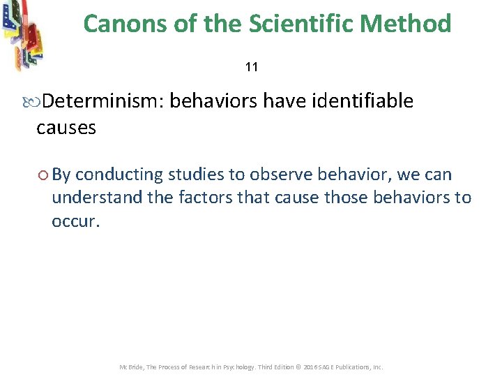 Canons of the Scientific Method 11 Determinism: behaviors have identifiable causes By conducting studies Canons of the Scientific Method 11 Determinism: behaviors have identifiable causes By conducting studies
