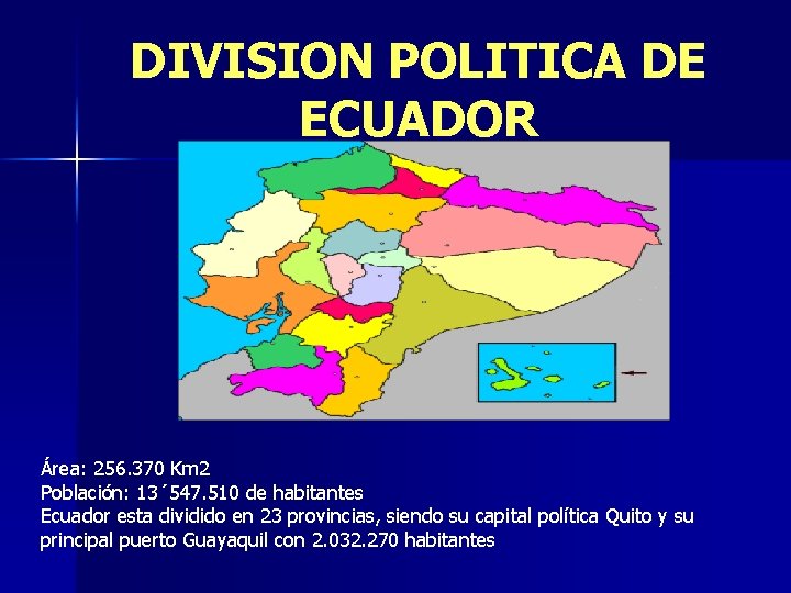 DIVISION POLITICA DE ECUADOR Área: 256. 370 Km 2 Población: 13´ 547. 510 de