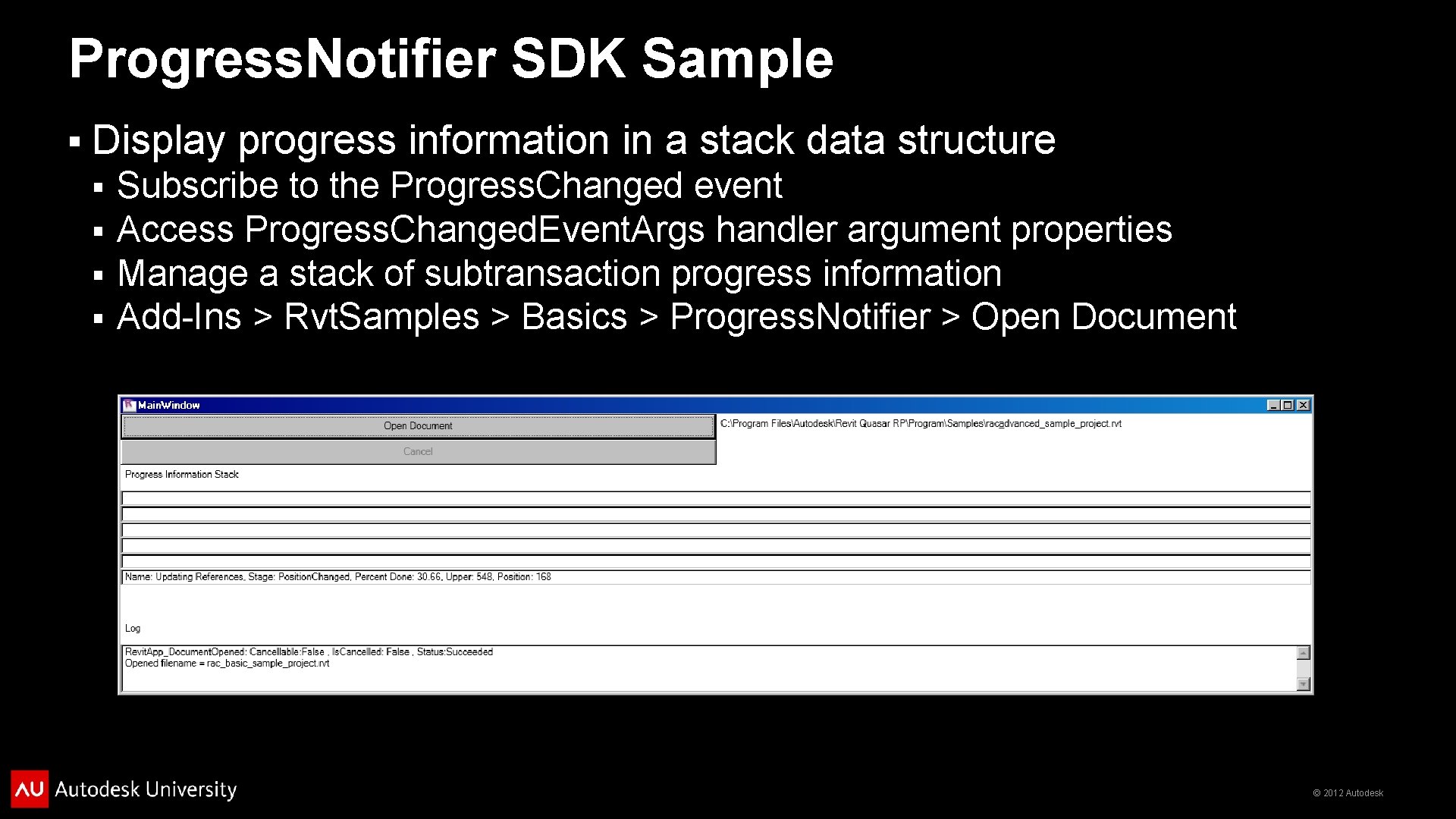 Progress. Notifier SDK Sample § Display progress information in a stack data structure §