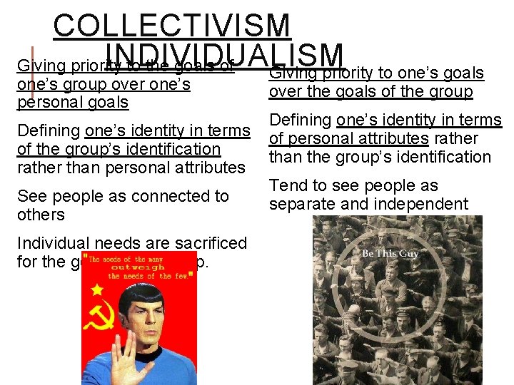 COLLECTIVISM INDIVIDUALISM Giving priority to the goals of Giving priority to one’s goals one’s COLLECTIVISM INDIVIDUALISM Giving priority to the goals of Giving priority to one’s goals one’s