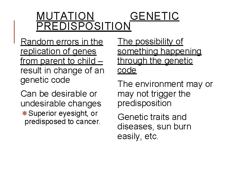 MUTATION GENETIC PREDISPOSITION Random errors in the replication of genes from parent to child MUTATION GENETIC PREDISPOSITION Random errors in the replication of genes from parent to child