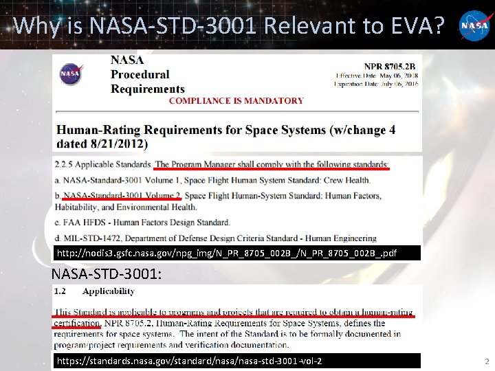 Why is NASA-STD-3001 Relevant to EVA? http: //nodis 3. gsfc. nasa. gov/npg_img/N_PR_8705_002 B_. pdf