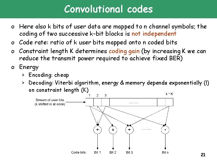 Convolutional codes o Here also k bits of user data are mapped to n