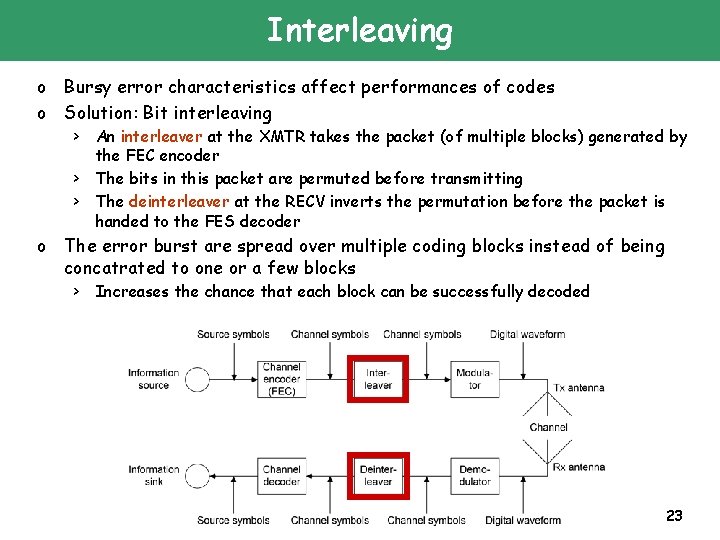 Interleaving o Bursy error characteristics affect performances of codes o Solution: Bit interleaving >