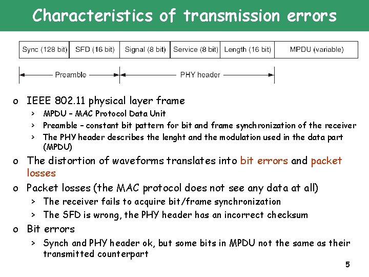 Characteristics of transmission errors o IEEE 802. 11 physical layer frame > MPDU –