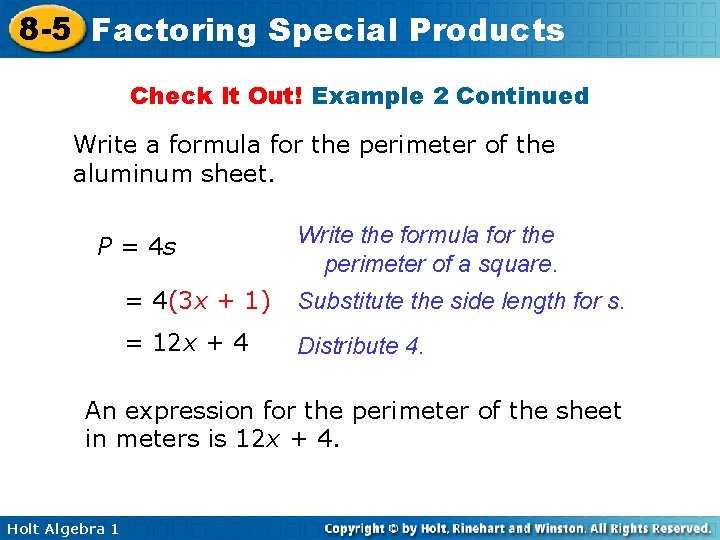 8 -5 Factoring Special Products Check It Out! Example 2 Continued Write a formula