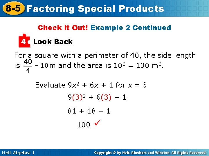 8 -5 Factoring Special Products Check It Out! Example 2 Continued 4 Look Back