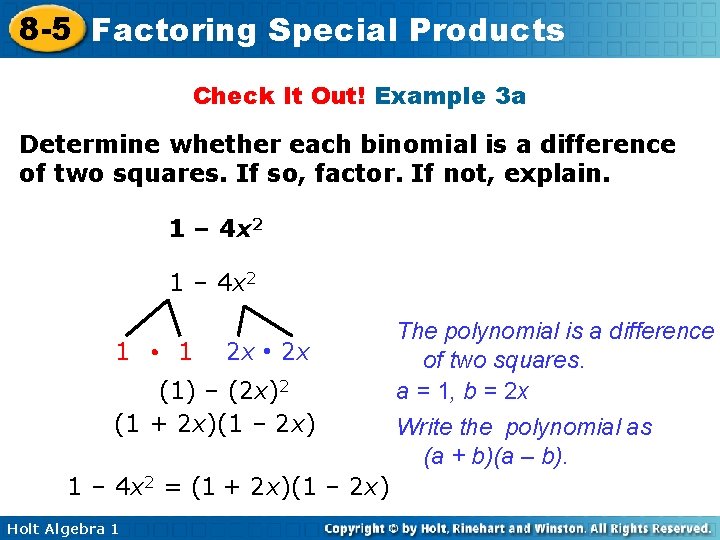 8 -5 Factoring Special Products Check It Out! Example 3 a Determine whether each