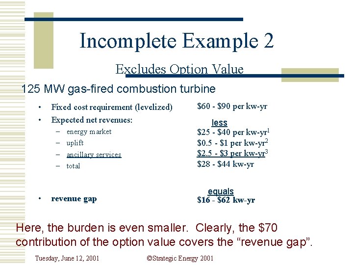 Incomplete Example 2 Excludes Option Value 125 MW gas-fired combustion turbine • • Fixed