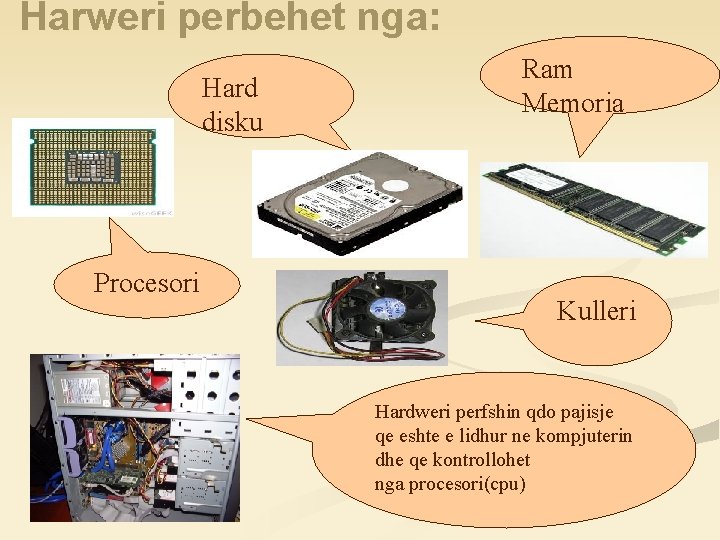 Harweri perbehet nga: Hard disku Procesori Ram Memoria Kulleri Hardweri perfshin qdo pajisje qe