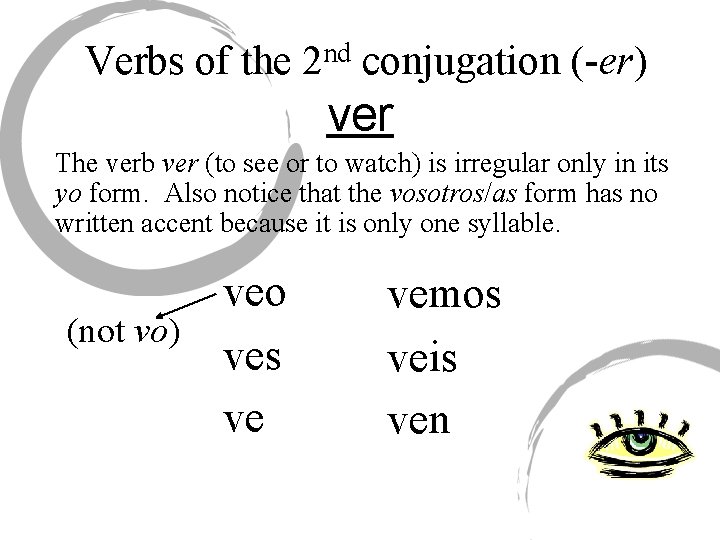 Verbs of the 2 nd conjugation (-er) ver The verb ver (to see or
