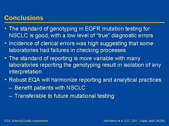 Conclusions • The standard of genotyping in EGFR mutation testing for NSCLC is good,