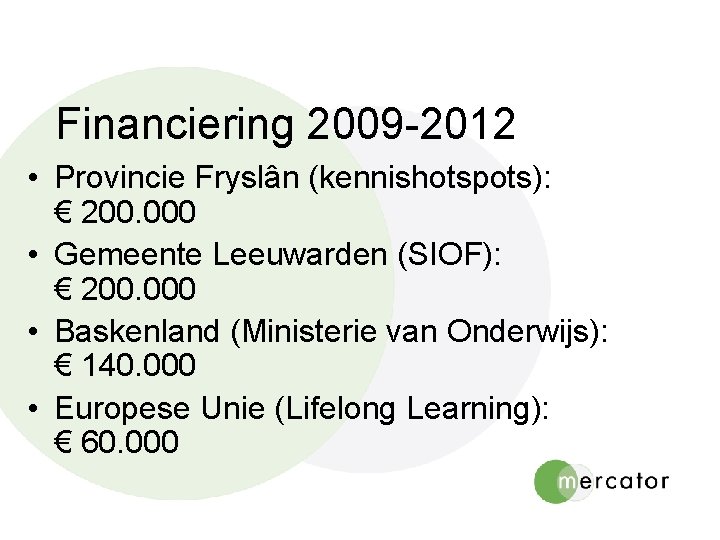 Financiering 2009 -2012 • Provincie Fryslân (kennishotspots): € 200. 000 • Gemeente Leeuwarden (SIOF):