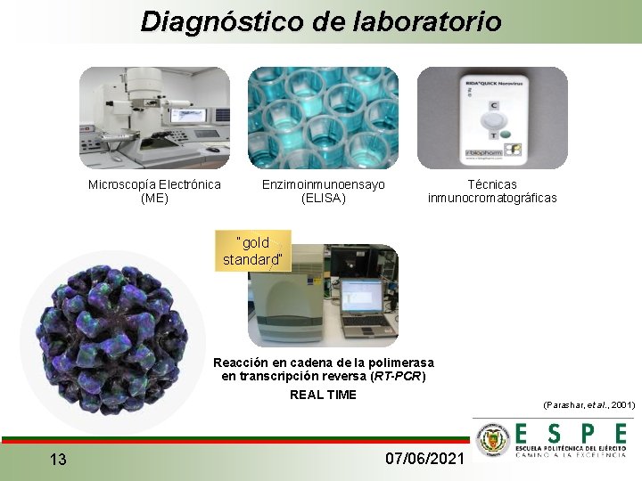 Diagnóstico de laboratorio Microscopía Electrónica (ME) Enzimoinmunoensayo (ELISA) Técnicas inmunocromatográficas “gold standard” Reacción en