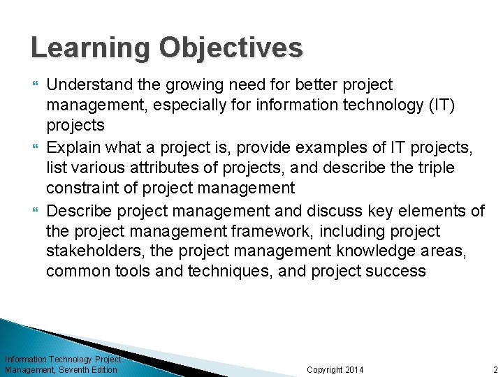 Learning Objectives Understand the growing need for better project management, especially for information technology Learning Objectives Understand the growing need for better project management, especially for information technology