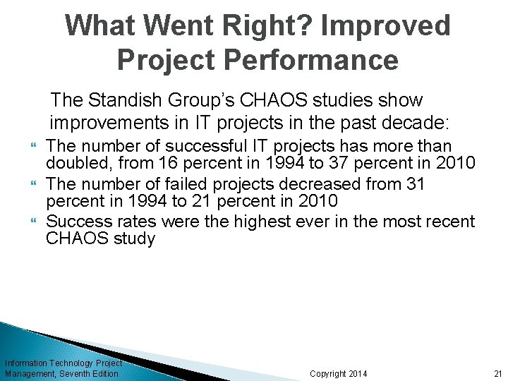 What Went Right? Improved Project Performance The Standish Group’s CHAOS studies show improvements in What Went Right? Improved Project Performance The Standish Group’s CHAOS studies show improvements in