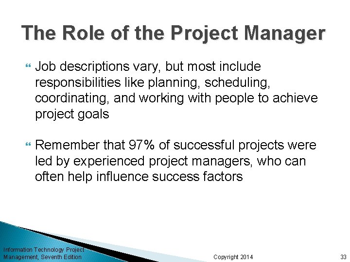 The Role of the Project Manager Job descriptions vary, but most include responsibilities like The Role of the Project Manager Job descriptions vary, but most include responsibilities like