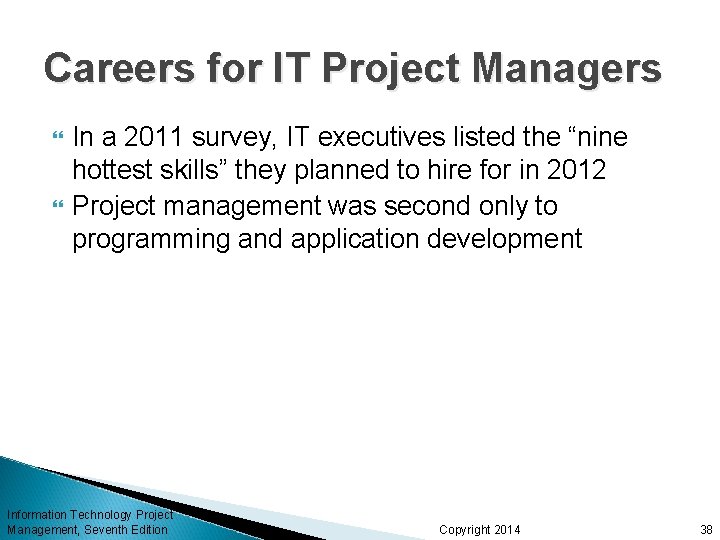Careers for IT Project Managers In a 2011 survey, IT executives listed the “nine Careers for IT Project Managers In a 2011 survey, IT executives listed the “nine