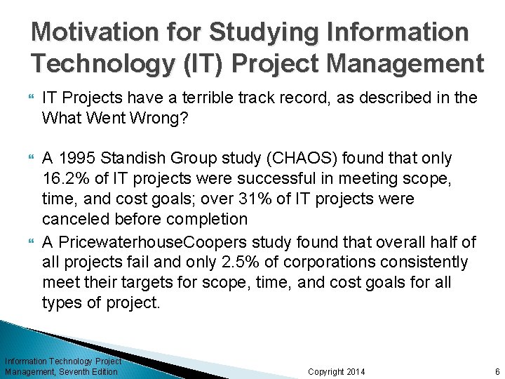 Motivation for Studying Information Technology (IT) Project Management IT Projects have a terrible track Motivation for Studying Information Technology (IT) Project Management IT Projects have a terrible track
