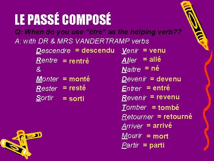 LE PASSÉ COMPOSÉ Q: When do you use “être” as the helping verb? ?