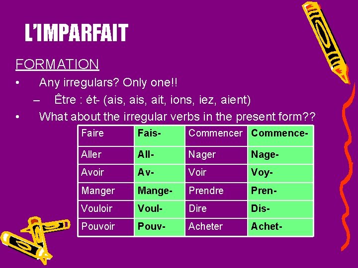 L’IMPARFAIT FORMATION • • Any irregulars? Only one!! – Être : ét- (ais, ait,