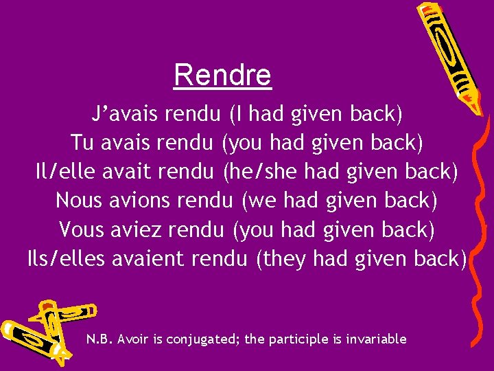 Rendre J’avais rendu (I had given back) Tu avais rendu (you had given back)