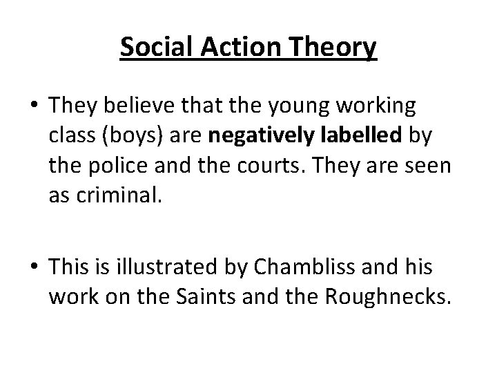 Social Action Theory • They believe that the young working class (boys) are negatively