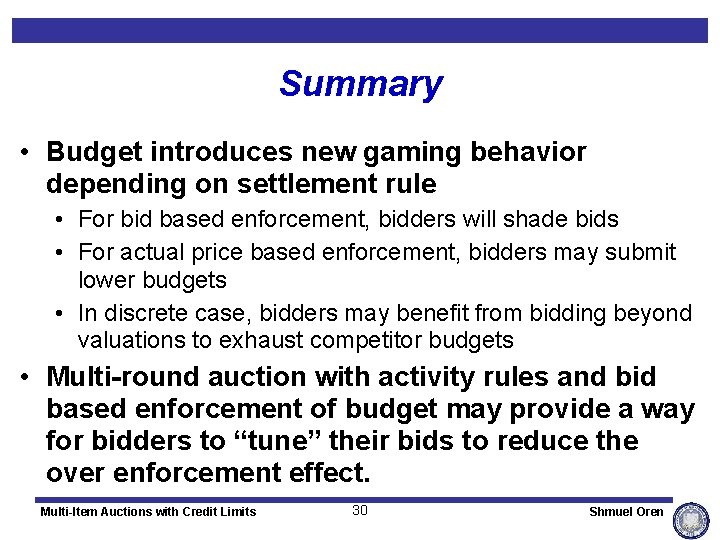 Summary • Budget introduces new gaming behavior depending on settlement rule • For bid