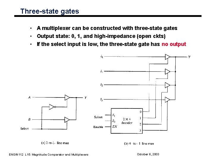 Three-state gates • A multiplexer can be constructed with three-state gates • Output state: