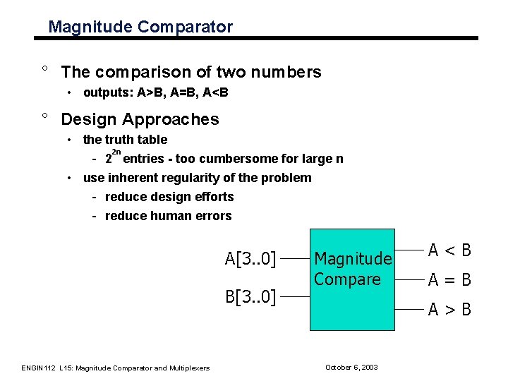 Magnitude Comparator ° The comparison of two numbers • outputs: A>B, A=B, A<B °