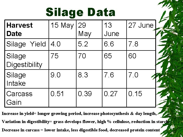 Silage Data Harvest 15 May 29 Date May Silage Yield 4. 0 5. 2