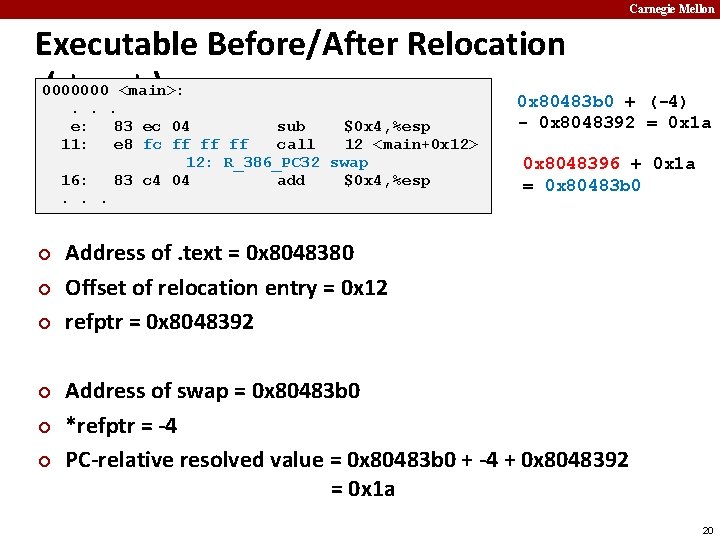 Carnegie Mellon Executable Before/After Relocation 0000000 <main>: (. text) 0 x 80483 b 0.
