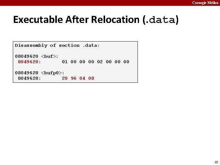 Carnegie Mellon Executable After Relocation (. data) Disassembly of section. data: 08049620 <buf>: 8049620: