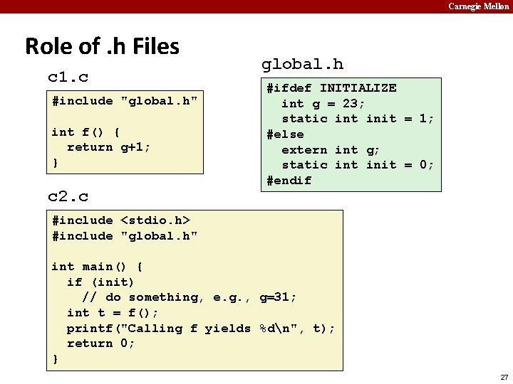 Carnegie Mellon Role of. h Files c 1. c #include "global. h" int f()