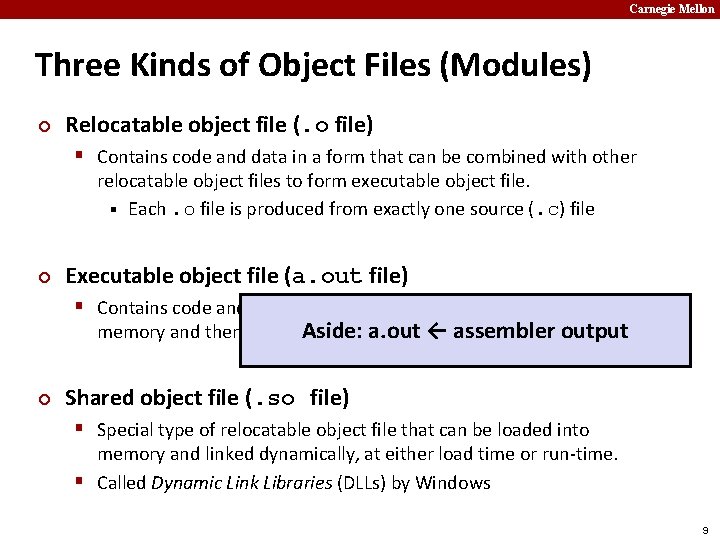 Carnegie Mellon Three Kinds of Object Files (Modules) ¢ Relocatable object file (. o
