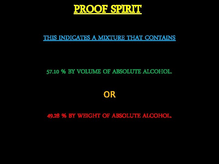 PROOF SPIRIT THIS INDICATES A MIXTURE THAT CONTAINS 57. 10 % BY VOLUME OF