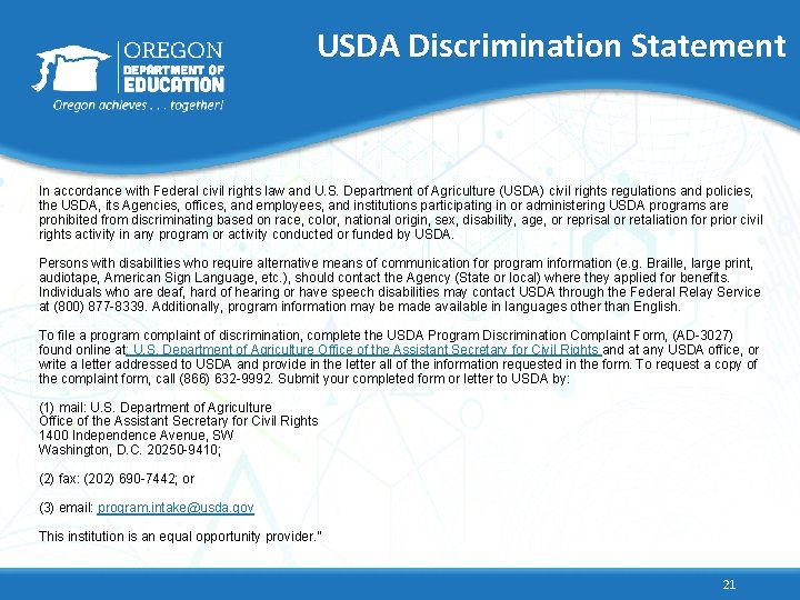 USDA Discrimination Statement In accordance with Federal civil rights law and U. S. Department