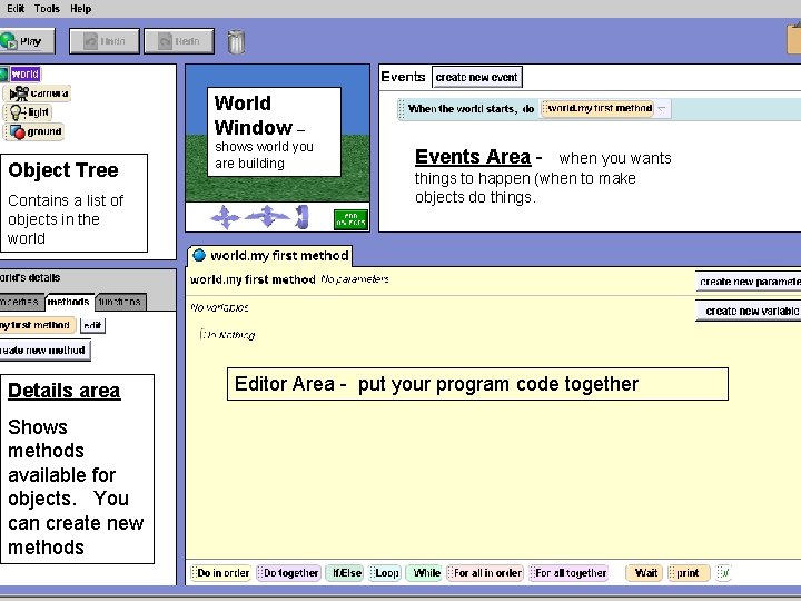 World Window – Object Tree Contains a list of objects in the world Details