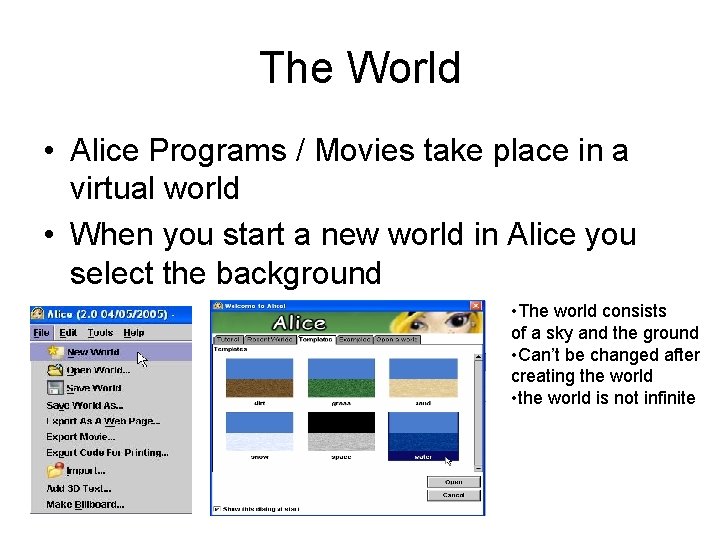 The World • Alice Programs / Movies take place in a virtual world •
