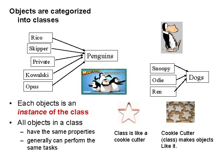 Objects are categorized into classes Rico Skipper Private Penguins Snoopy Kowalski Odie Opus Dogs