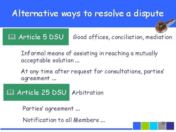 Alternative ways to resolve a dispute Article 5 DSU Good offices, conciliation, mediation Informal