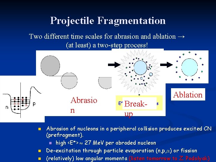 Projectile Fragmentation Two different time scales for abrasion and ablation → (at least) a
