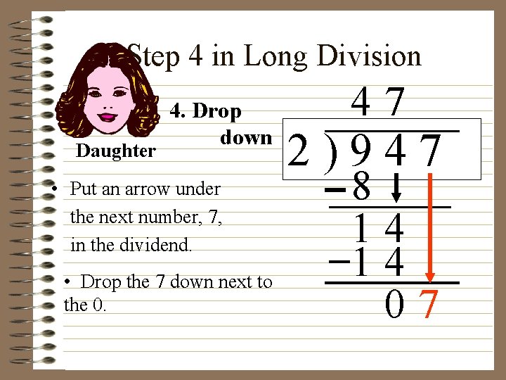 Step 4 in Long Division Daughter 4. Drop down • Put an arrow under
