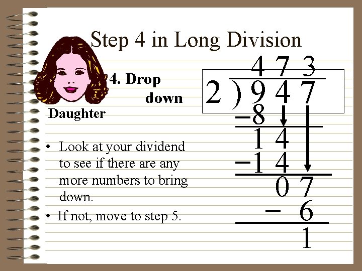 Step 4 in Long Division Daughter 4. Drop down • Look at your dividend