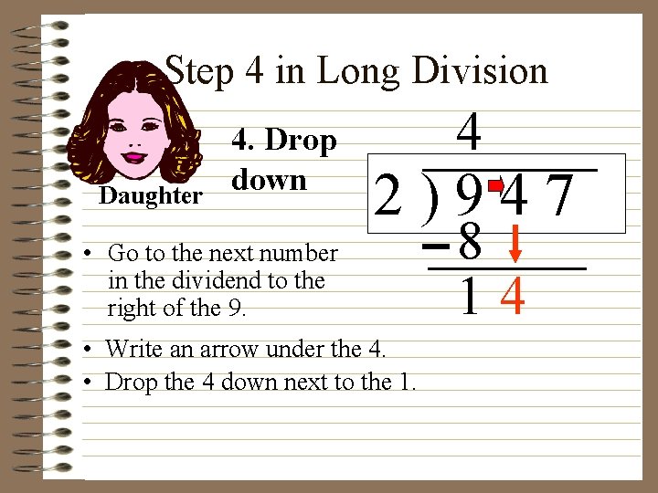 Step 4 in Long Division Daughter 4. Drop down 4 2)947 • Go to