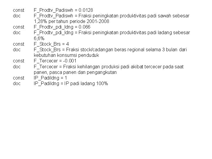 const doc const doc F_Prodtv_Padiswh = 0. 0128 F_Prodtv_Padiswh = Fraksi peningkatan produktivitas padi