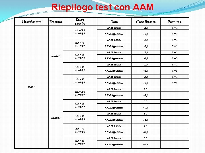 Riepilogo test con AAM Classificatore Features Error rate % mh = 192 vc =